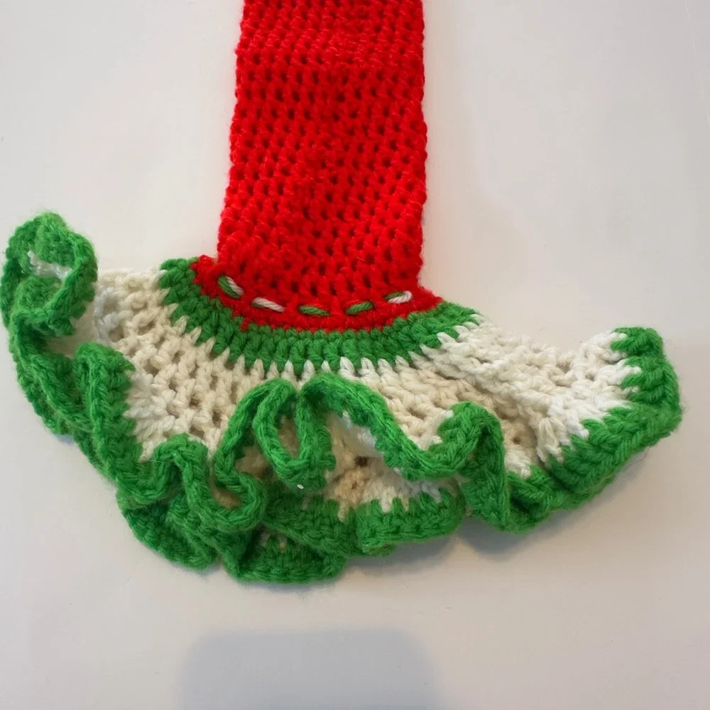 Large Handmade Crochet Christmas Candle Cover Red Green White Ruffled 29.5x12
